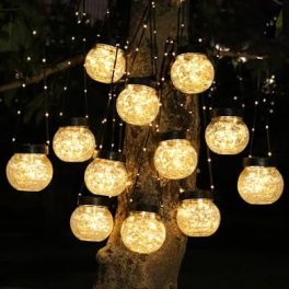 PARTPHONER Solar Lights Outdoor Waterproof 12-Pack, Solar Powered Hanging Lantern Cracked Glass Hanging Globes for Yard Decor Christmas Decoration, Shepherd Hook, Garden Tree Table Ornaments, Warm